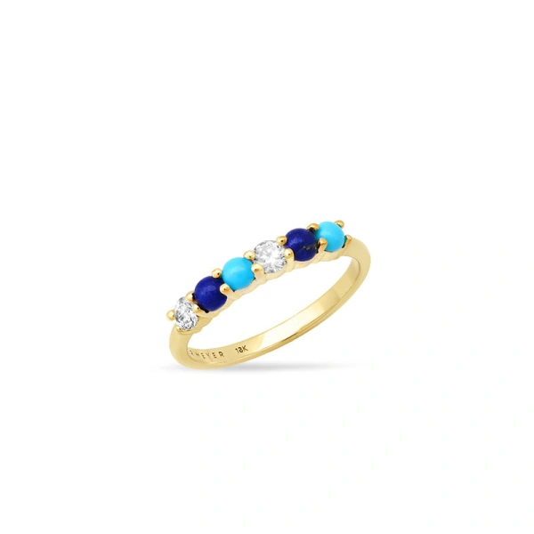 Jennifer Meyer 4 Prong Diamond, Turquoise, and Lapis Ring in 18K Yellow Gold | Fine Rings | Coveti