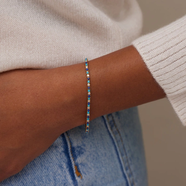 Jennifer Meyer 4 Prong Diamond, Turquoise, and Lapis Tennis Bracelet in 18K Yellow Gold | Fine Bracelets | Coveti