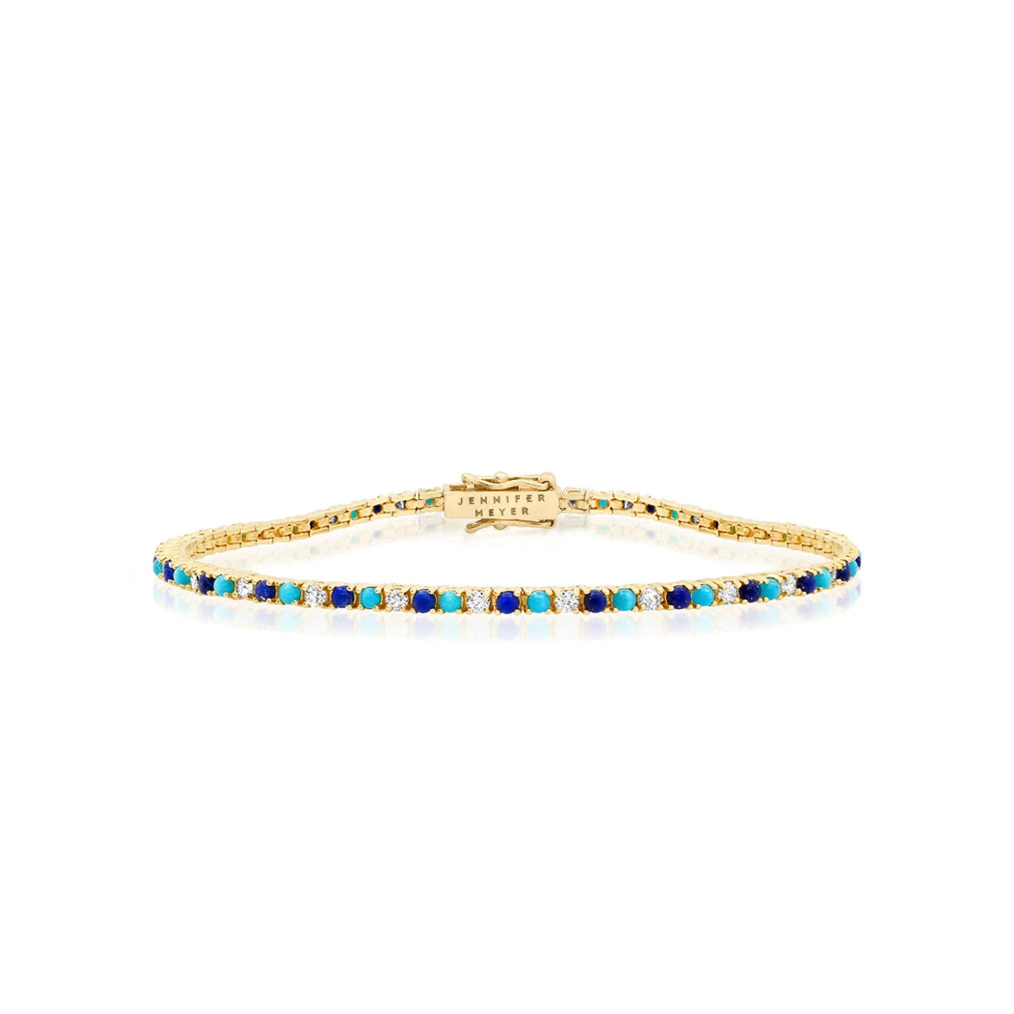 Jennifer Meyer 4 Prong Diamond, Turquoise, and Lapis Tennis Bracelet in 18K Yellow Gold Jennifer Meyer 4 Prong Diamond, Turquoise, and Lapis Tennis Bracelet in 18K Yellow Gold | Fine Bracelets | Coveti
