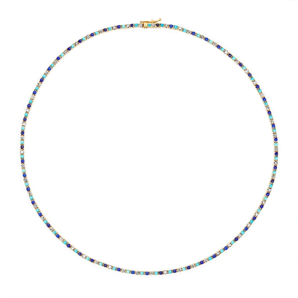 Jennifer Meyer 4 Prong Diamond, Turquoise, and Lapis Tennis Necklace in 18K Yellow Gold | Fine Necklaces | Coveti