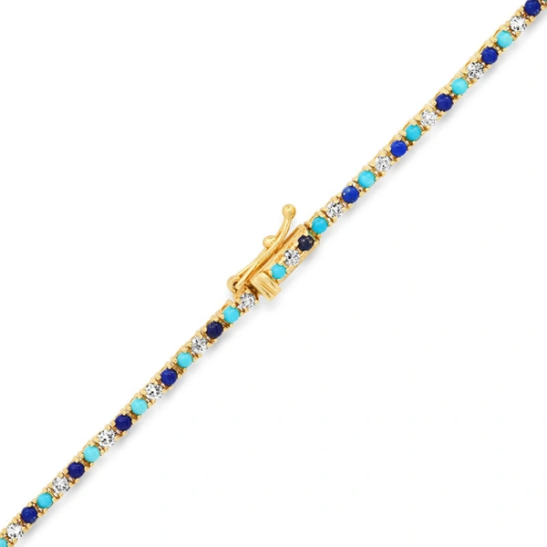 Jennifer Meyer 4 Prong Diamond, Turquoise, and Lapis Tennis Necklace in 18K Yellow Gold | Fine Necklaces | Coveti