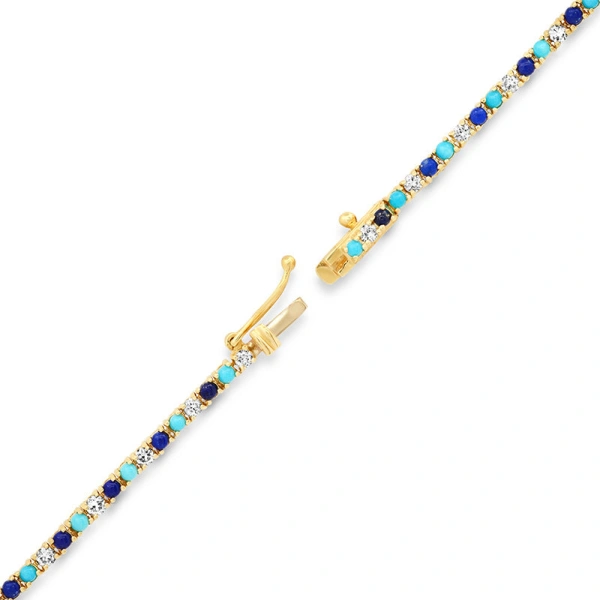 Jennifer Meyer 4 Prong Diamond, Turquoise, and Lapis Tennis Necklace in 18K Yellow Gold | Fine Necklaces | Coveti