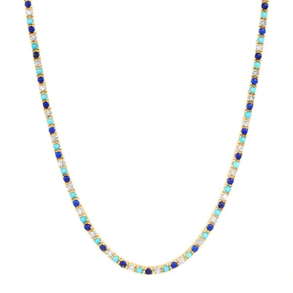 Jennifer Meyer 4 Prong Diamond, Turquoise, and Lapis Tennis Necklace in 18K Yellow Gold | Fine Necklaces | Coveti