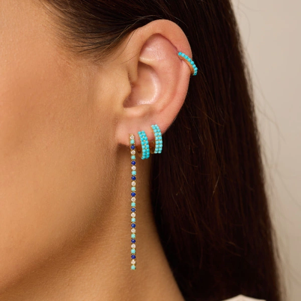 Jennifer Meyer 4 Prong Diamond, Turquoise, and Lapis Tennis Studs in 18K Yellow Gold | Fine Earrings | Coveti