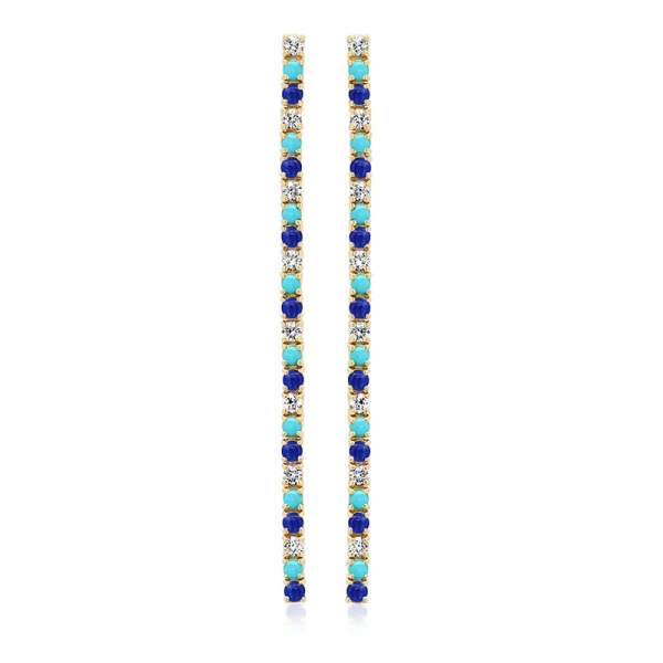 4 Prong Diamond, Turquoise, and Lapis Tennis Studs in 18K Yellow Gold