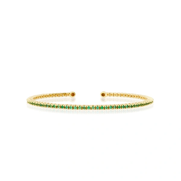 Jennifer Meyer 4 Prong Emerald Tennis Cuff in 18K Yellow Gold | Fine Bracelets | Coveti