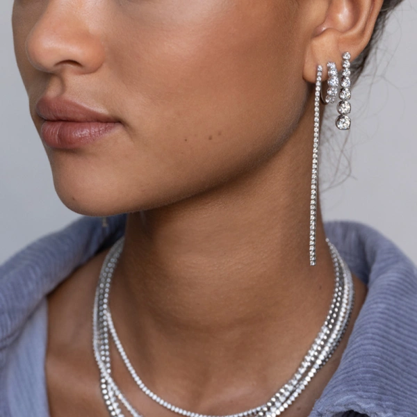 Jennifer Meyer 4 Prong Long Diamond Tennis Studs in 18K White Gold | Fine Earrings | Coveti