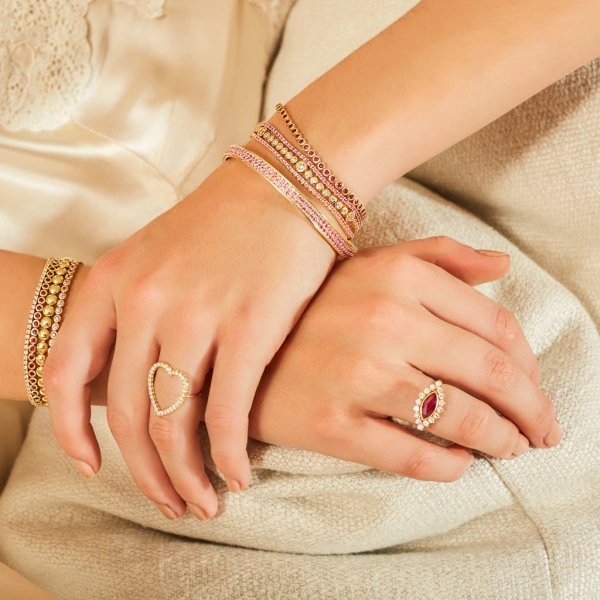 Jennifer Meyer 4 Prong Pink Sapphire Tennis Bracelet in 18K Yellow Gold | Fine Bracelets | Coveti