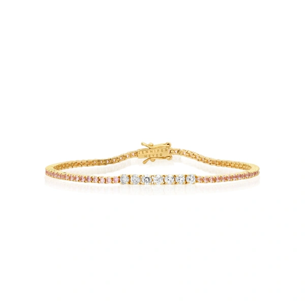 Jennifer Meyer 4 Prong Pink Sapphire Tennis Bracelet with Large Diamond Accent in 18K Yellow Gold | Fine Bracelets | Coveti