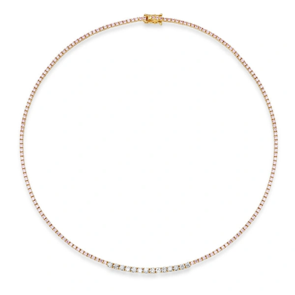 Jennifer Meyer 4 Prong Pink Sapphire Tennis Necklace with Large 4 Prong Diamond Accent in 18K Yellow Gold | Fine Necklaces | Coveti