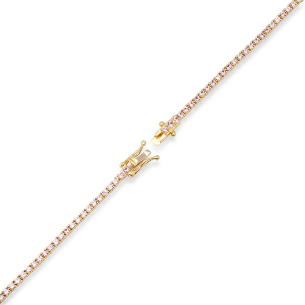 Jennifer Meyer 4 Prong Pink Sapphire Tennis Necklace with Large 4 Prong Diamond Accent in 18K Yellow Gold | Fine Necklaces | Coveti
