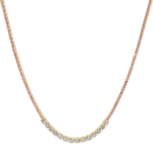 Jennifer Meyer 4 Prong Pink Sapphire Tennis Necklace with Large 4 Prong Diamond Accent in 18K Yellow Gold | Fine Necklaces | Coveti