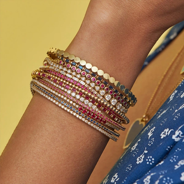 Jennifer Meyer 4 Prong Ruby Tennis Bracelet in 18K Yellow Gold | Fine Bracelets | Coveti
