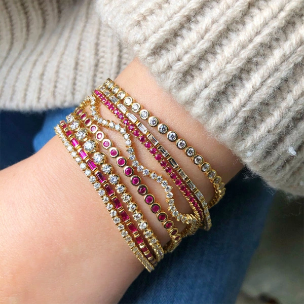 Jennifer Meyer 4 Prong Ruby Tennis Bracelet in 18K Yellow Gold | Fine Bracelets | Coveti