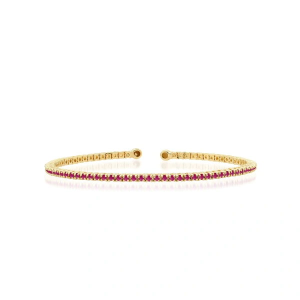 Jennifer Meyer 4 Prong Ruby Tennis Cuff in 18K Yellow Gold | Fine Bracelets | Coveti