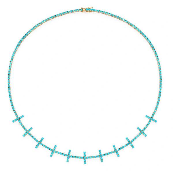 Jennifer Meyer 4 Prong Turquoise Cross Bar Tennis Necklace in 18K Yellow Gold | Fine Necklaces | Coveti