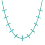 Jennifer Meyer 4 Prong Turquoise Cross Bar Tennis Necklace in 18K Yellow Gold | Fine Necklaces | Coveti