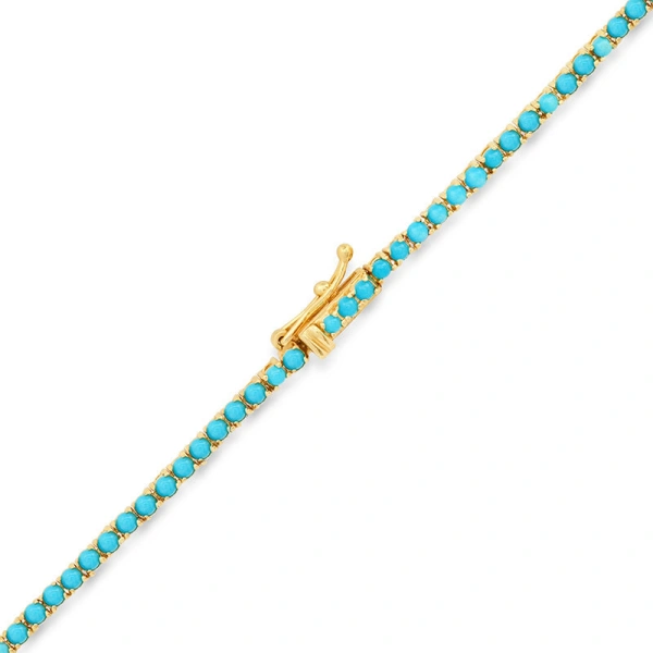 Jennifer Meyer 4 Prong Turquoise Cross Bar Tennis Necklace in 18K Yellow Gold | Fine Necklaces | Coveti
