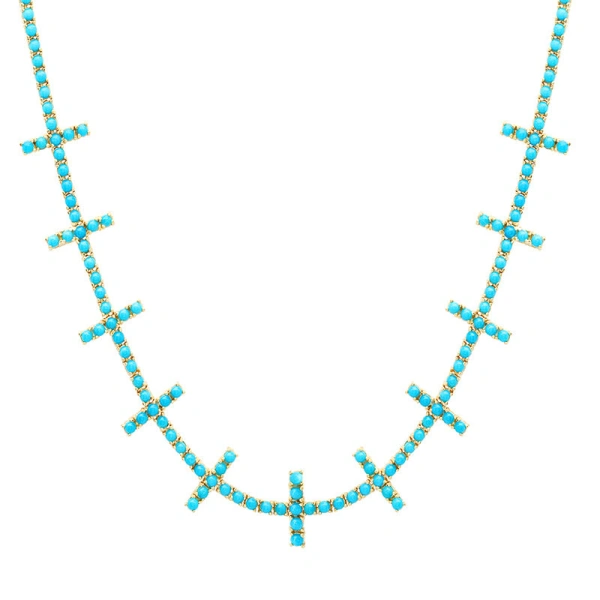 Jennifer Meyer 4 Prong Turquoise Cross Bar Tennis Necklace in 18K Yellow Gold | Fine Necklaces | Coveti