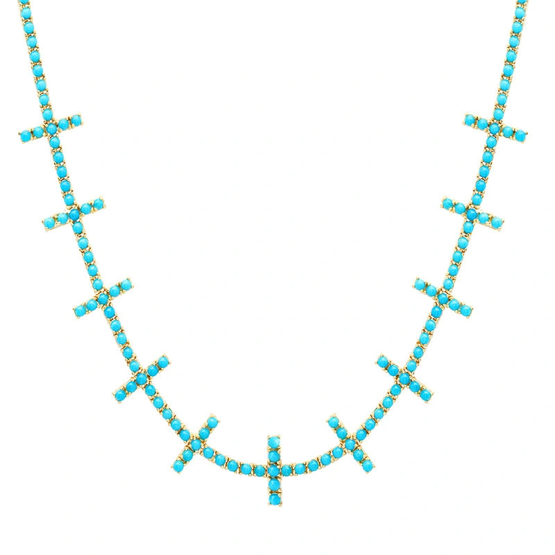 Jennifer Meyer 4 Prong Turquoise Cross Bar Tennis Necklace in 18K Yellow Gold Jennifer Meyer 4 Prong Turquoise Cross Bar Tennis Necklace in 18K Yellow Gold | Fine Necklaces | Coveti