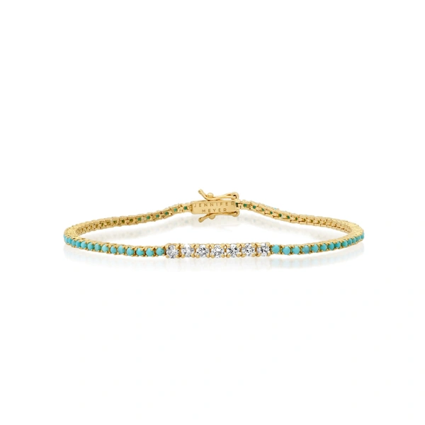 Jennifer Meyer 4 Prong Turquoise Tennis Bracelet with Large Diamond Accent in 18K Yellow Gold | Fine Bracelets | Coveti