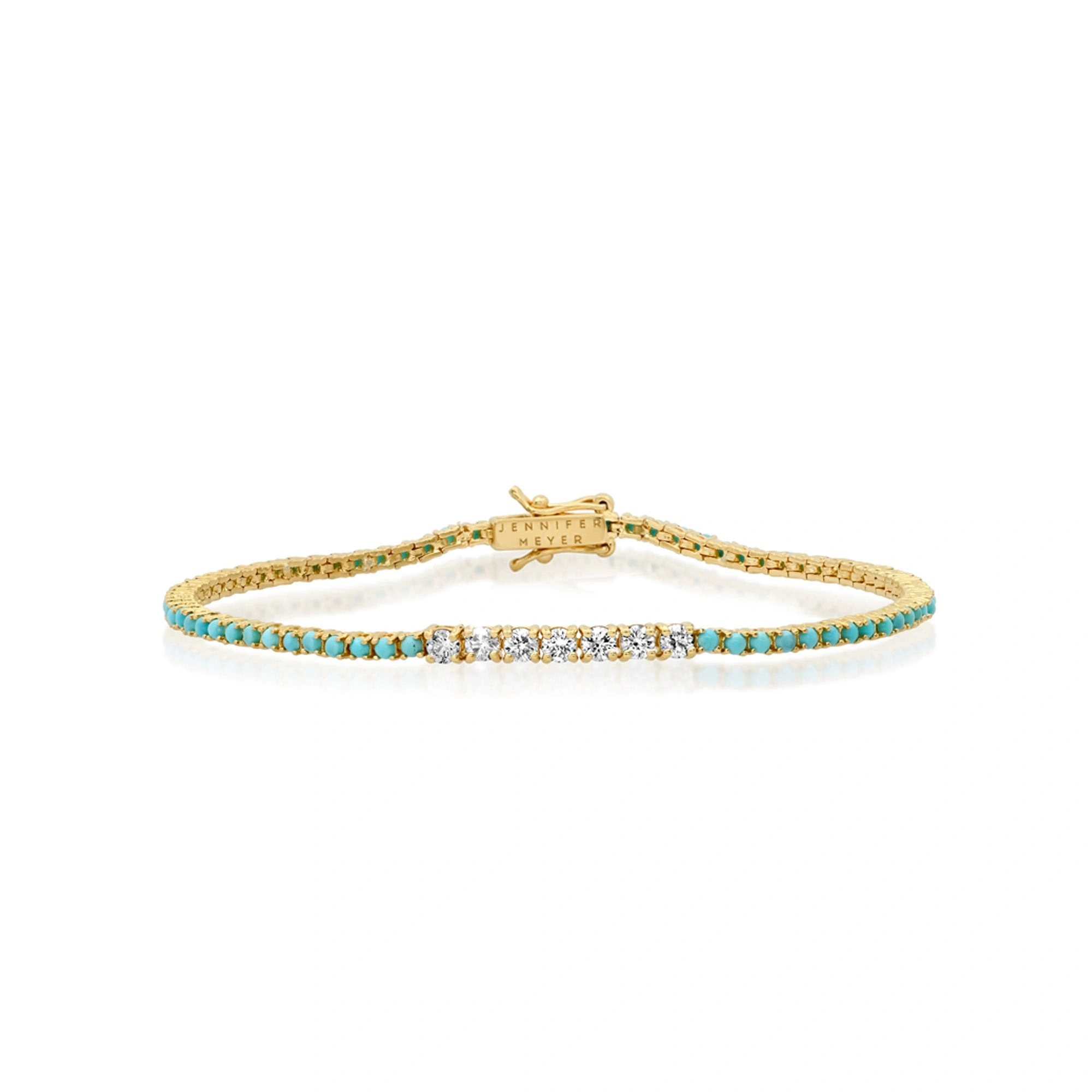 Jennifer Meyer 4 Prong Turquoise Tennis Bracelet with Large Diamond Accent in 18K Yellow Gold Jennifer Meyer 4 Prong Turquoise Tennis Bracelet with Large Diamond Accent in 18K Yellow Gold | Fine Bracelets | Coveti