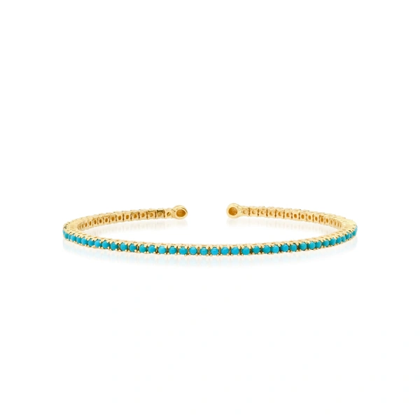 Jennifer Meyer 4 Prong Turquoise Tennis Cuff in 18K Yellow Gold | Fine Bracelets | Coveti