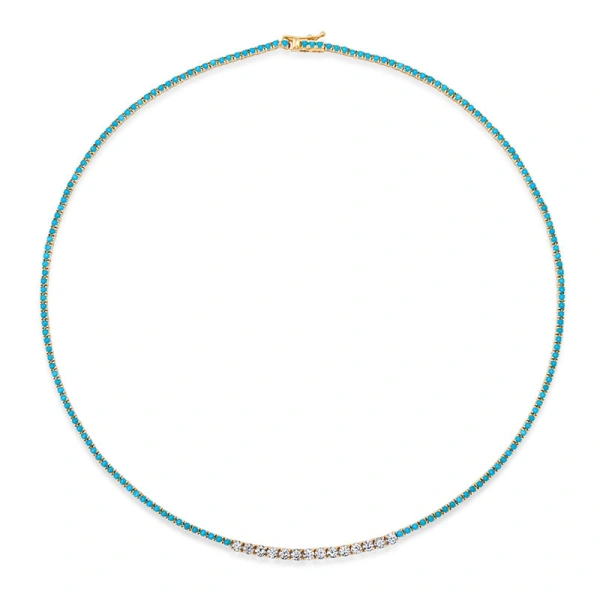 Jennifer Meyer 4 Prong Turquoise Tennis Necklace with Large 4 Prong Diamond Accent in 18K Yellow Gold | Fine Necklaces | Coveti
