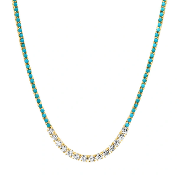 4 Prong Turquoise Tennis Necklace with Large 4 Prong Diamond Accent in 18K Yellow Gold
