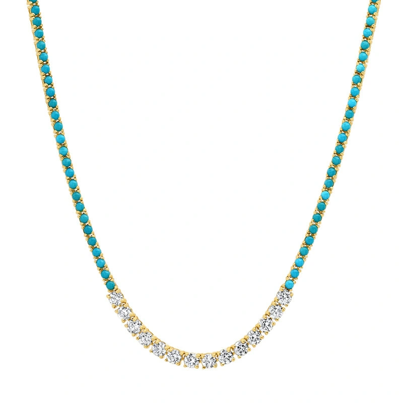 Jennifer Meyer 4 Prong Turquoise Tennis Necklace with Large 4 Prong Diamond Accent in 18K Yellow Gold Jennifer Meyer 4 Prong Turquoise Tennis Necklace with Large 4 Prong Diamond Accent in 18K Yellow Gold | Fine Necklaces | Coveti
