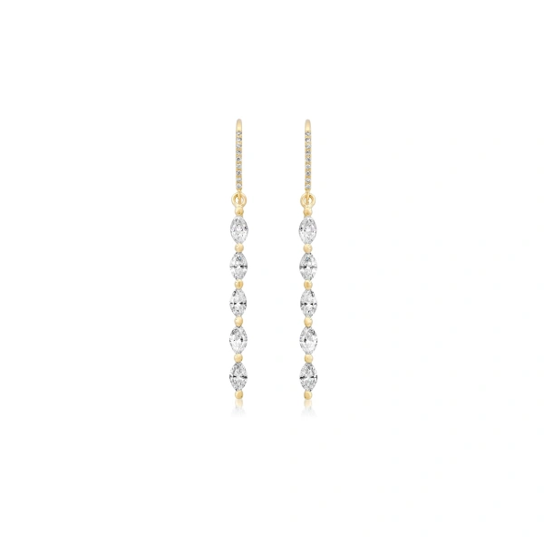 Jennifer Meyer 5 Diamond Marquise Drop Earrings in 18K Yellow Gold | Fine Earrings | Coveti