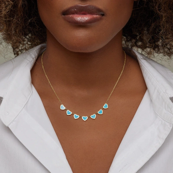 Jennifer Meyer 7 Extra Small Turquoise Heart Necklace in 18K Yellow Gold | Fine Necklaces | Coveti