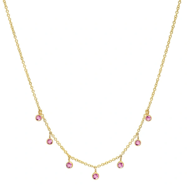 Jennifer Meyer 7 Mini Pink Sapphire Bezel Dangle Necklace in 18K Yellow Gold | Fine Necklaces | Coveti