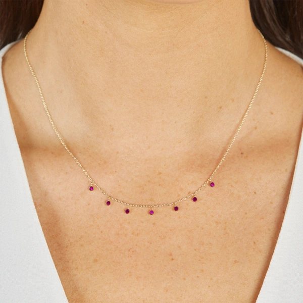 Jennifer Meyer 7 Mini Ruby Bezel Dangle Necklace in 18K Yellow Gold | Fine Necklaces | Coveti