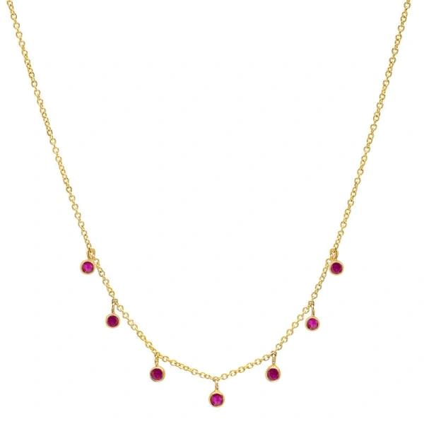 Jennifer Meyer 7 Mini Ruby Bezel Dangle Necklace in 18K Yellow Gold | Fine Necklaces | Coveti