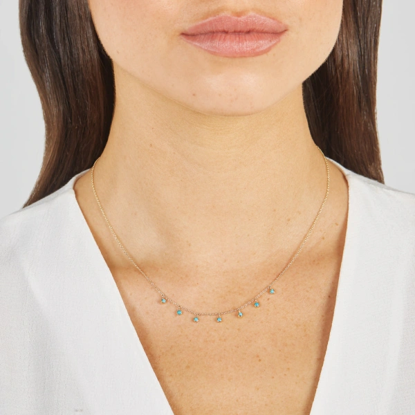 Jennifer Meyer 7 Mini Turquoise Bezel Dangle Necklace in 18K Yellow Gold | Fine Necklaces | Coveti