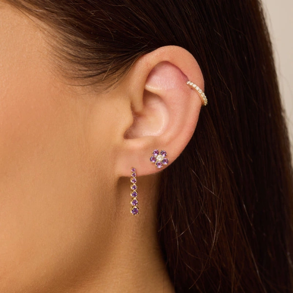 Jennifer Meyer Amethyst Flower Studs with Diamond Center in 18K Yellow Gold | Fine Earrings | Coveti