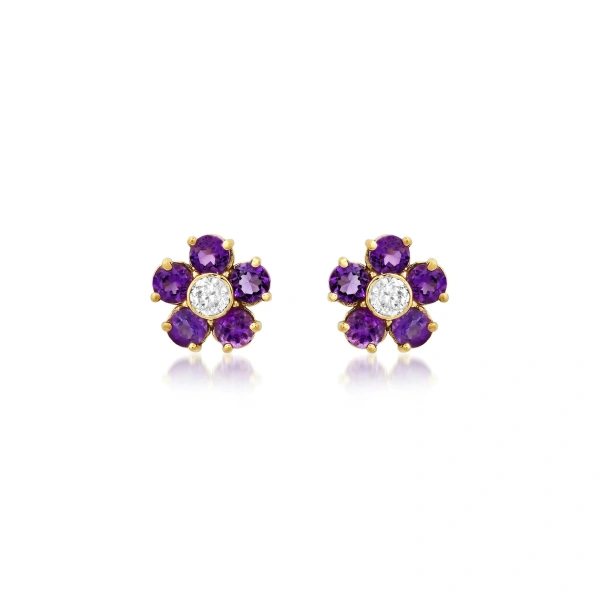 Jennifer Meyer Amethyst Flower Studs with Diamond Center in 18K Yellow Gold | Fine Earrings | Coveti