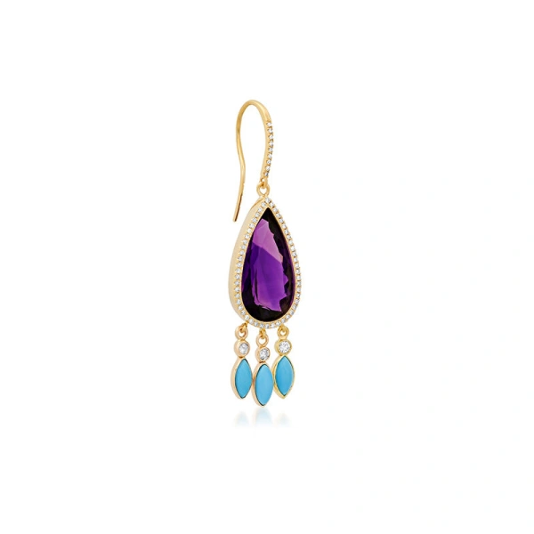 Jennifer Meyer Amethyst with Diamond and Turquoise Fringe Earrings in 18K Yellow Gold | Fine Earrings | Coveti