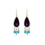 Jennifer Meyer Amethyst with Diamond and Turquoise Fringe Earrings in 18K Yellow Gold | Fine Earrings | Coveti