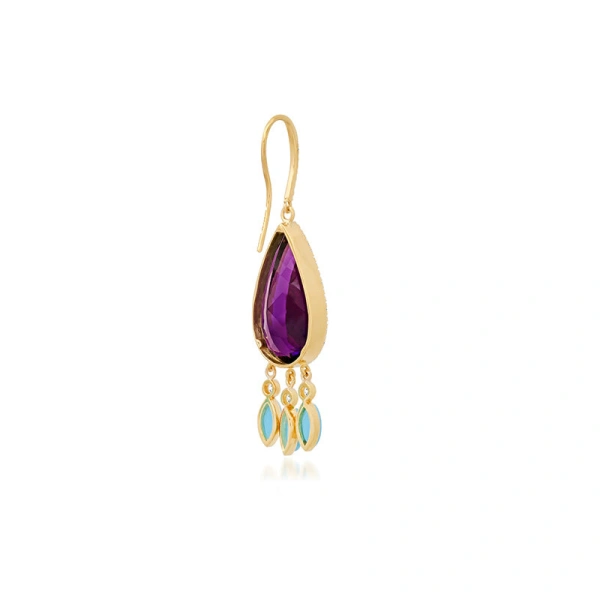 Jennifer Meyer Amethyst with Diamond and Turquoise Fringe Earrings in 18K Yellow Gold | Fine Earrings | Coveti