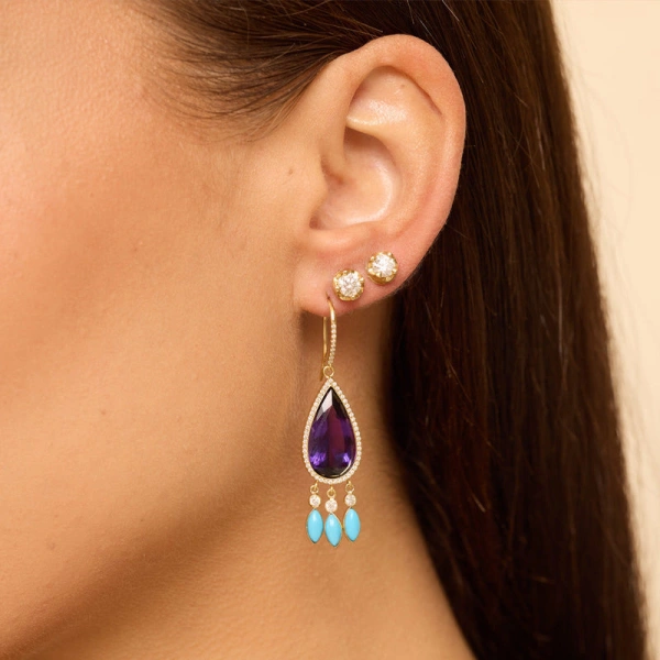Jennifer Meyer Amethyst with Diamond and Turquoise Fringe Earrings in 18K Yellow Gold | Fine Earrings | Coveti