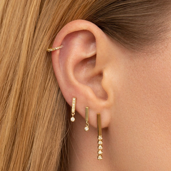 Jennifer Meyer Bar Studs with Diamond Bezel Drop in 18K Yellow Gold | Fine Earrings | Coveti