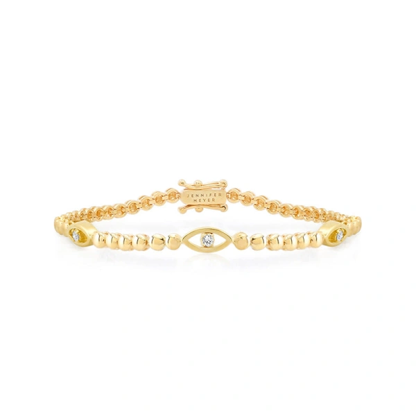 Bezel Tennis Bracelet With 3 Mini Open Evil Eye Accents in 18K Yellow Gold