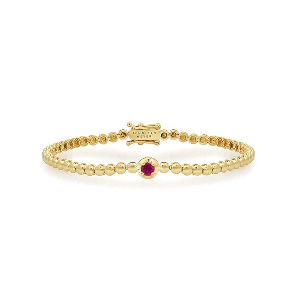 Jennifer Meyer Bezel Tennis Bracelet With Illusion Set Ruby Center in 18K Yellow Gold | Fine Bracelets | Coveti