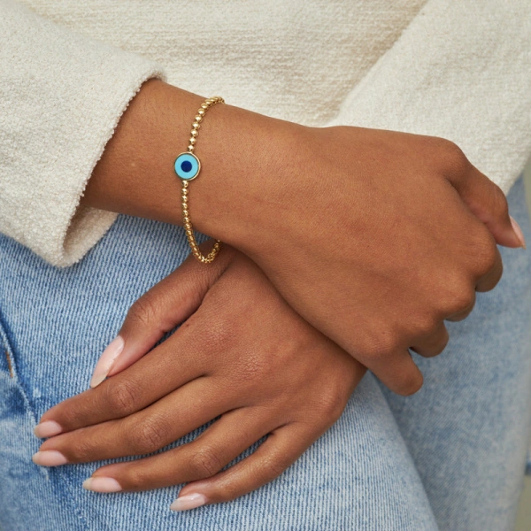 Jennifer Meyer Bezel Tennis Bracelet with Mini Turquoise Inlay Evil Eye Accent in 18K Yellow Gold | Fine Bracelets | Coveti