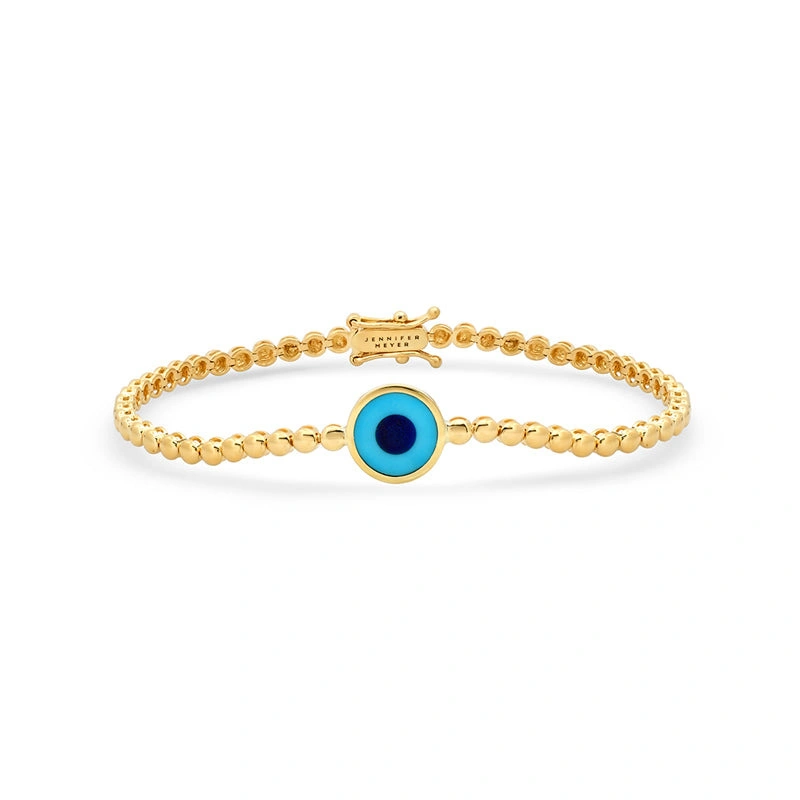 Jennifer Meyer Bezel Tennis Bracelet with Mini Turquoise Inlay Evil Eye Accent in 18K Yellow Gold Jennifer Meyer Bezel Tennis Bracelet with Mini Turquoise Inlay Evil Eye Accent in 18K Yellow Gold | Fine Bracelets | Coveti