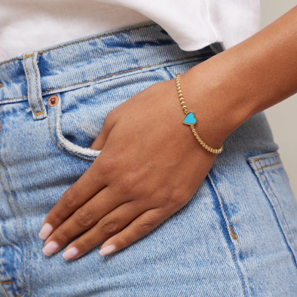 Jennifer Meyer Bezel Tennis Bracelet with Turquoise Inlay Heart in 18K Yellow Gold | Fine Bracelets | Coveti