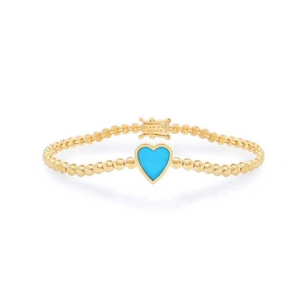 Jennifer Meyer Bezel Tennis Bracelet with Turquoise Inlay Heart in 18K Yellow Gold | Fine Bracelets | Coveti