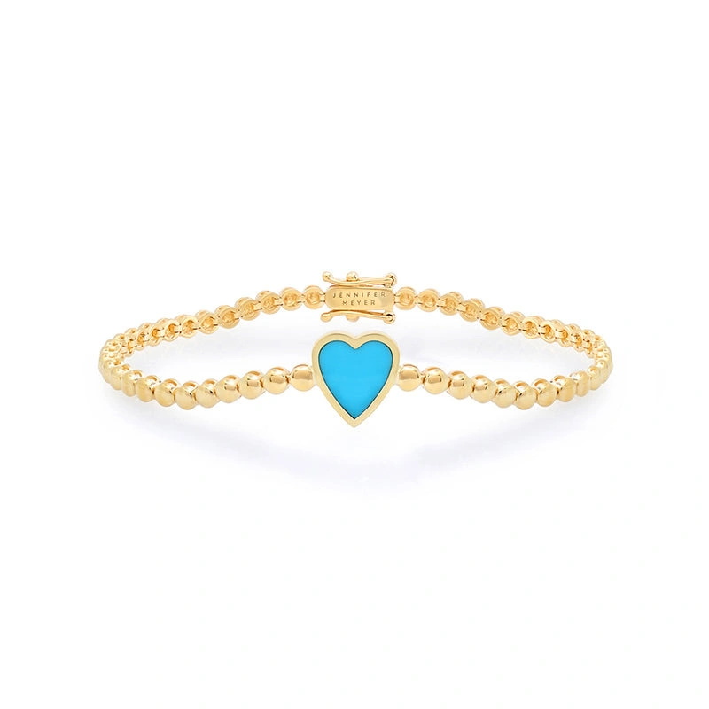 Jennifer Meyer Bezel Tennis Bracelet with Turquoise Inlay Heart in 18K Yellow Gold Jennifer Meyer Bezel Tennis Bracelet with Turquoise Inlay Heart in 18K Yellow Gold | Fine Bracelets | Coveti